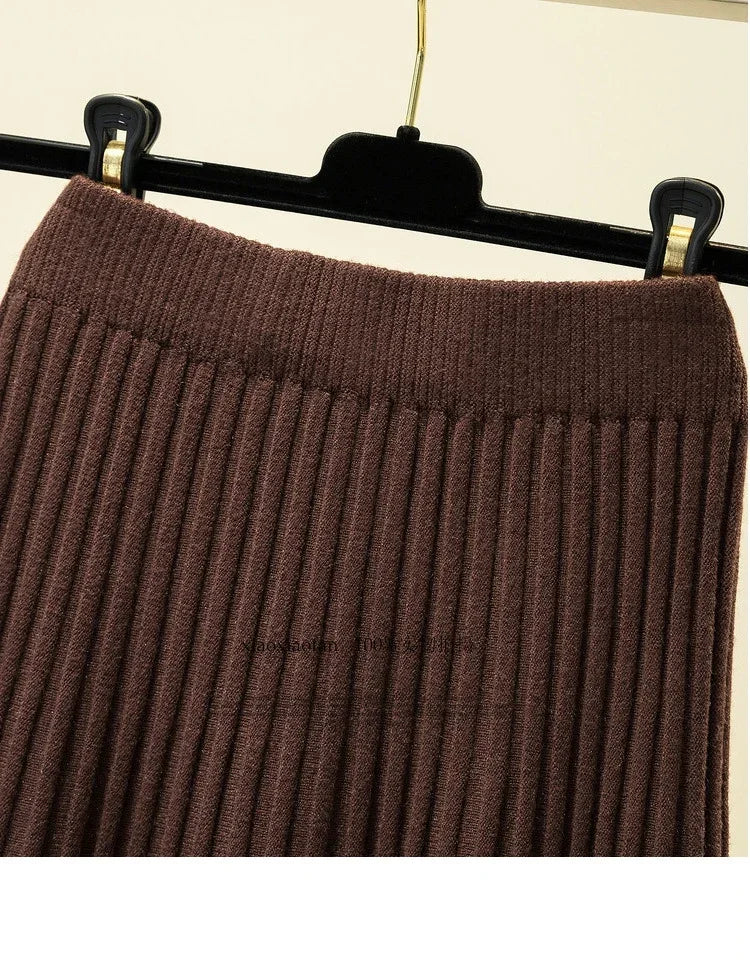 2025 Brand Designer Women Autumn Winter Thick Elegant Chic Solid Pleated Skirt High Waist Luxury Fashion With Elastic Female.