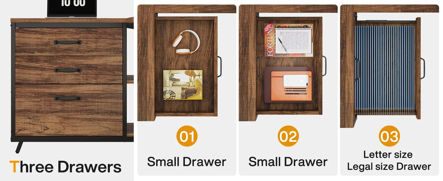 L-förmiger Computertisch mit 3 Schubladen, Home-Office-Schreibtisch mit Regalen, 53-Zoll-Industrie-PC-Schreibtisch für kleine Räume, rustikales Braun