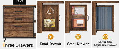 L-förmiger Computertisch mit 3 Schubladen, Home-Office-Schreibtisch mit Regalen, 53-Zoll-Industrie-PC-Schreibtisch für kleine Räume, rustikales Braun