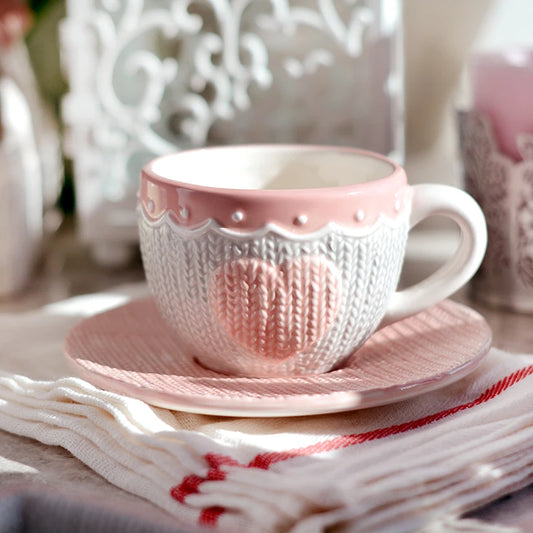 250ml Ceramic Tea Cup And Saucer Set Kawaii Bowknot Coffee Cup Dish Pink Wool Knitting Mug Microwave Safe.