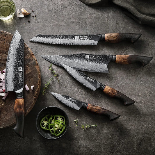 XINZUO 1-5PCS Damascus Steel Kitchen Knife 10Cr15CoMov Steel Core Chopping Vegetables And Fruits Household Kitchen Knife.