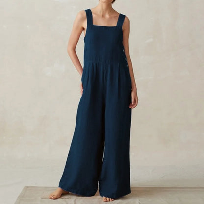 Women Cotton Linen Wide Leg Overalls Summer Fashion Off The Shoulder Sleeveless Solid Color Pocket Jumpsuits JYFS-8929.