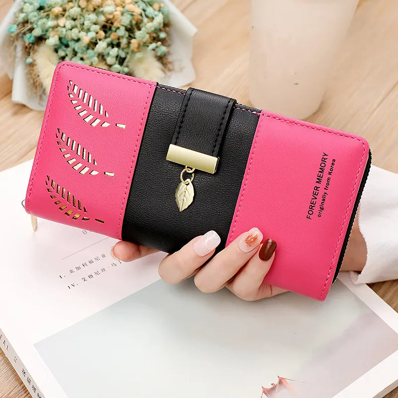 Hollow Leaves PU Leather Women's Long Wallet Fashion Female Coin Purses Hasp Zipper Clutch ID Credit Card Holders Money Bag Clip.