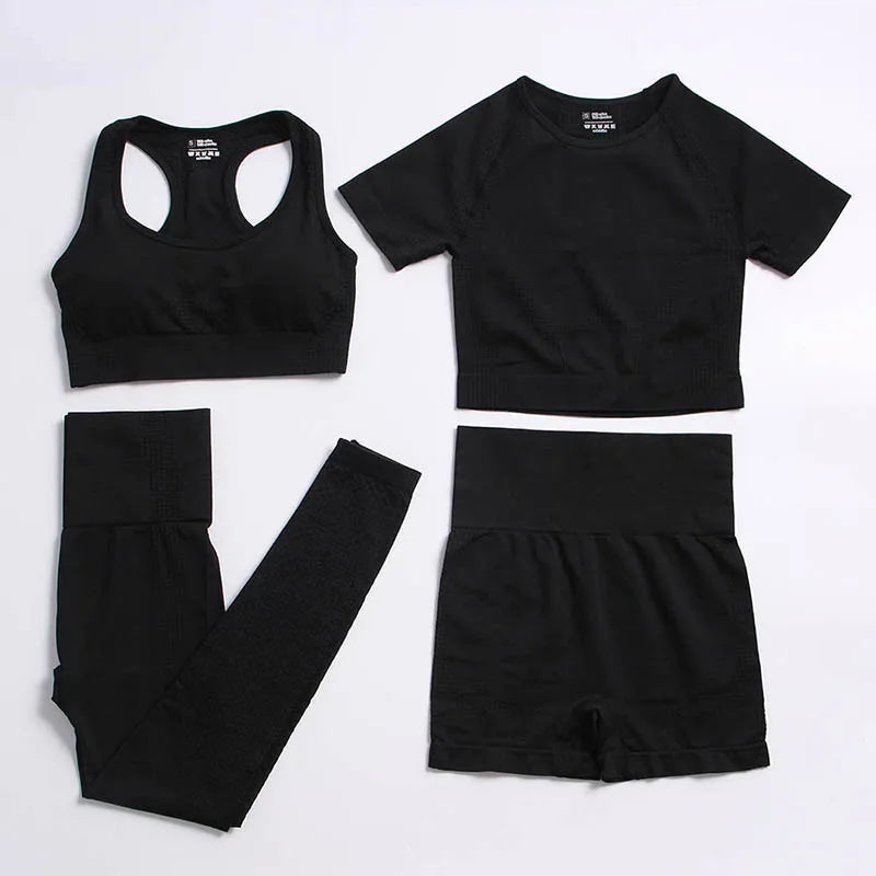2/4PCS Summer Seamless Yoga Set Women Workout Clothes Sports Bra Short Sleeve Crop Top High Waist Legging Fitness Sports Suits