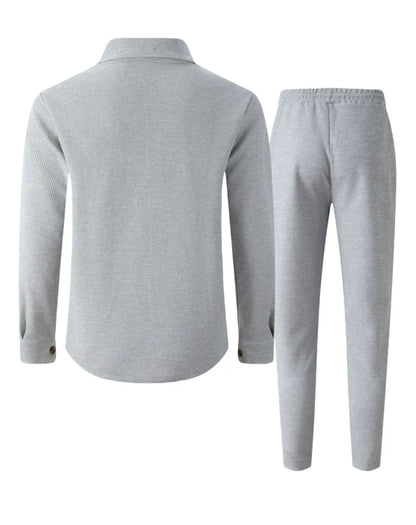 2025 Men's Autumn Casual Street Sport Two-Piece Fashion Solid Color Double-Pocket Collar Buttoned Long-Sleeved Shirt + Pants Set.