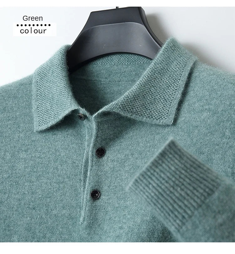 2025 Men's Autumn And Winter 100% Merino Pure Wool Knitted Sweater Men's Business Casual Knitted Polo Collar Pullover Top YJ1815.