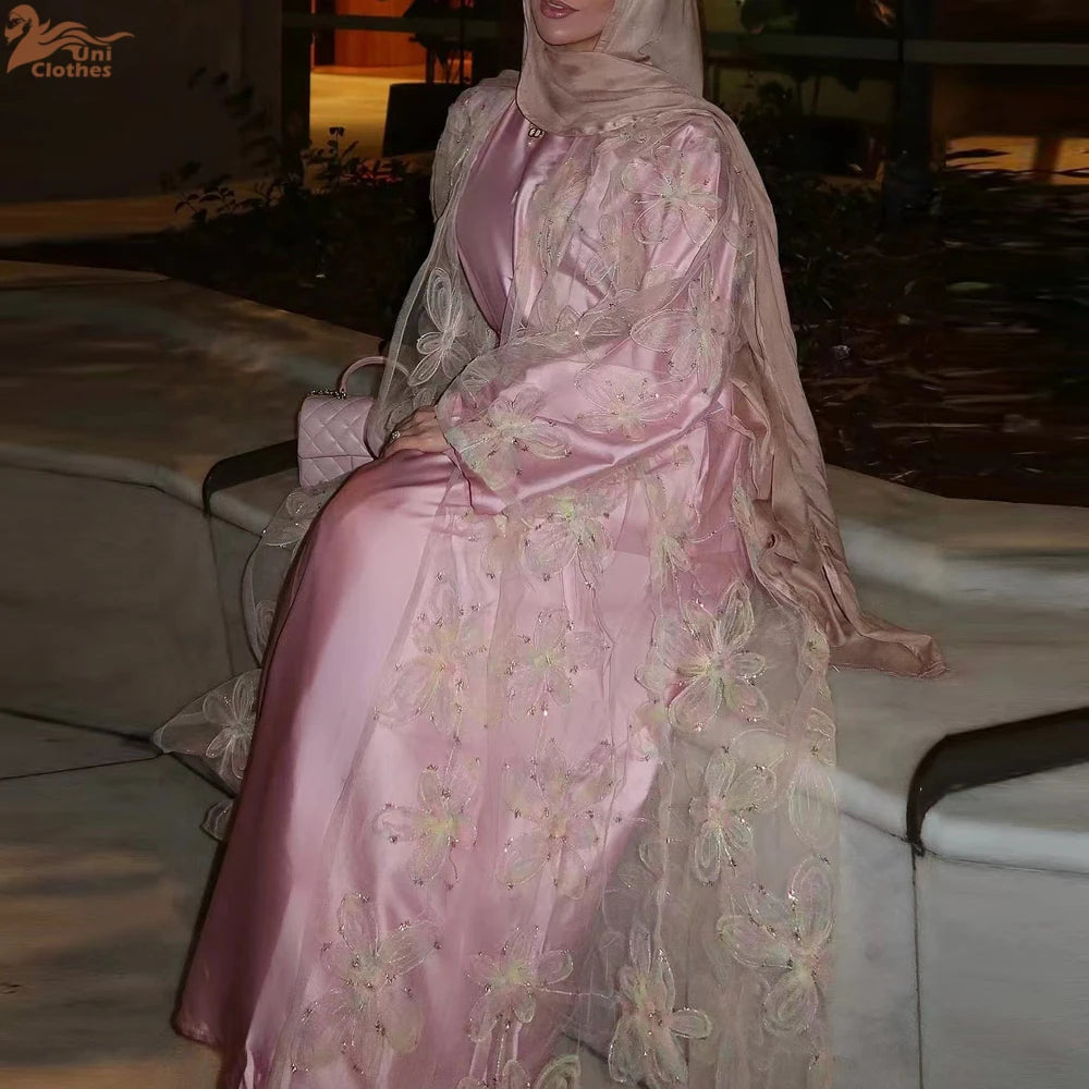 Eid Pink Embroidery Abayas for Women Muslim Dress Dubai Open Abaya Turkey Kaftan Kebaya Kimono Cardigan Islam Clothing Jalabiya.