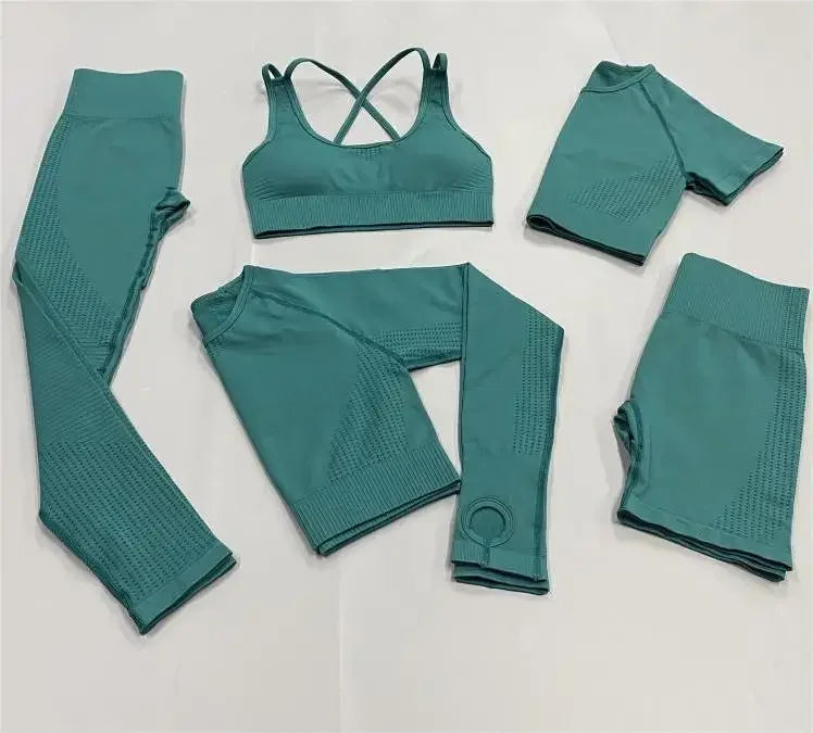 In-stock Women's Yoga Suit Five-piece Set Seamless Fitness Wear For Running Sports Top Leggings From Mainland China.