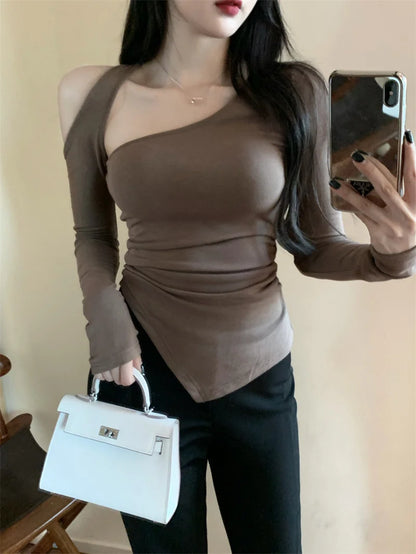 Women's Off-the-shoulder Long Sleeve T-shirt Sensible Pure Desire Sexy Korean Version Fashionable Slimming Smooth Silhouette Top.