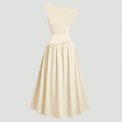 Mia Muse Kleider Sommer Französisch Einfarbig Asymmetrische Falten Ärmellose One-Shoulder Drapierte Midi Basics Kleider Für Frauen