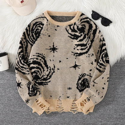 New Popular Street Ripped Abstract Starry Sky Pattern Pullover Ripped Sweater Casual Round Neck Knitted Men's Pullover