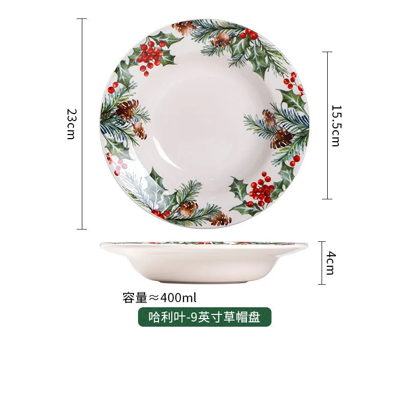 1PC Creative Kitchen Ceramic Plates Exquisite Christmas Tableware Steak Pasta Salad Plates High-quality Ceramic Dinner Plates.