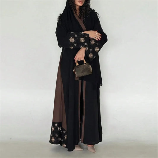 Middle Eastern Printed Floral Abaya Muslim Women Full Sleeve Loose Open Front Abayas Elegant Kaftan Jilbabs Islamic Maxi Dresses.
