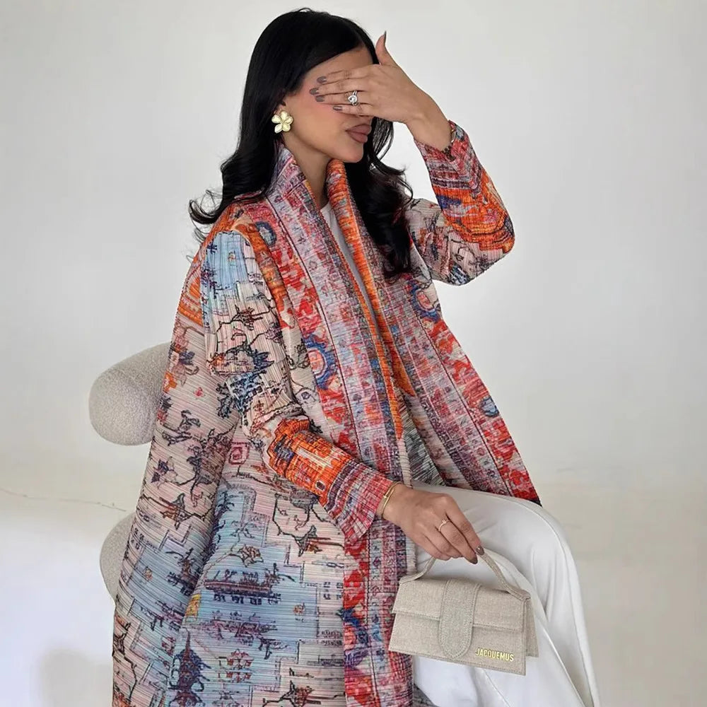 Abaya Miyake Pleated Printed Robe Jacket Arabian Dubai Style Women's Long Sleeve Conservative Demure Muslim Trench Coat 55inches.