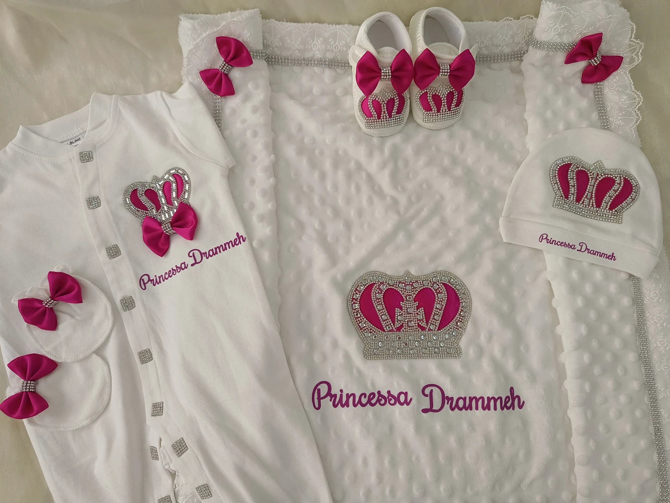 5pcs Handmade DIY Vinyl Name Personalized Baby Girl Newborn Jewels Crown Pink Take Me Home Layette 5 Piece Deluxe Gift Set
