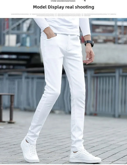 Pure White Jeans Men's Elastic Korean Style Slim Fit Youth Slimming Straight Leg Business Casual Middle Age High End Pants.