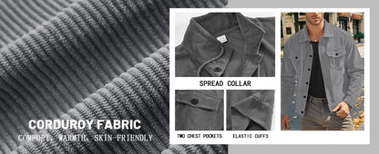 Men's Corduroy Jacket Stand-up Collar Slim Fit Retro Multi-pocket Workwear Commuter Coat for Spring And Autumn.