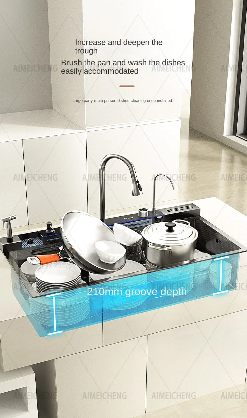 Heißer verkauf Edelstahl Wasserfall Küche Waschbecken Mit Messer Halter Digital Display Wasserhahn Set Geprägte Extra Große Einzigen Slot