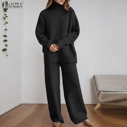 ZANZEA Gestrickte 2-teilige Hosen-Sets für Damen, lässig, lockerer Rollkragen, Langarm-Pullover und Hosenanzüge mit weitem Bein, tägliche Outfits