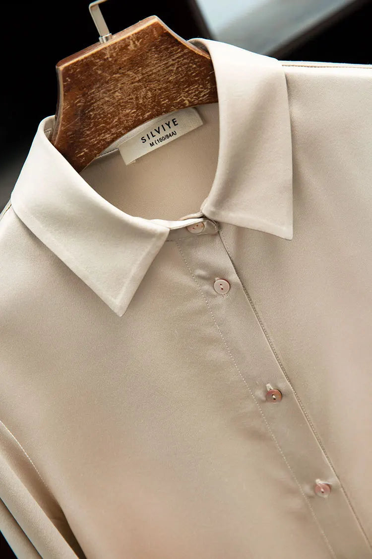 Women's French Style High Quality 40 MM Heavy Office Lady Solid Satin Silk Long Sleeve Shirt Ladies' Blouse.