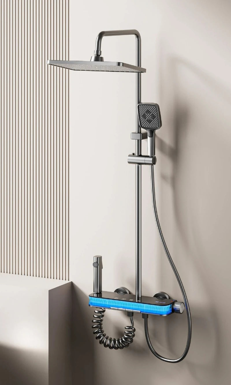 Smart Digital Rainlfall Bathroom Shower Set Temperature Display Bathroom Shower Faucet Set Grey Shower System with Ambient Light