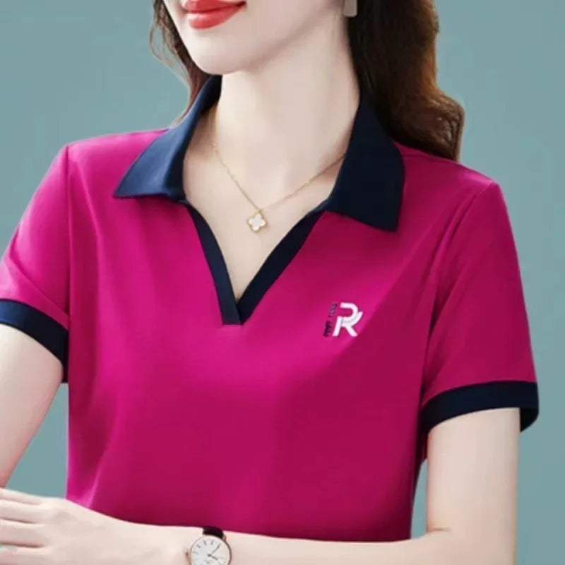 Loose Fit Polo Shirt Short Sleeve Turn-down Collar T-shirt for Middle-aged Mothers Summer New Style Sport Casual Top plus Size.