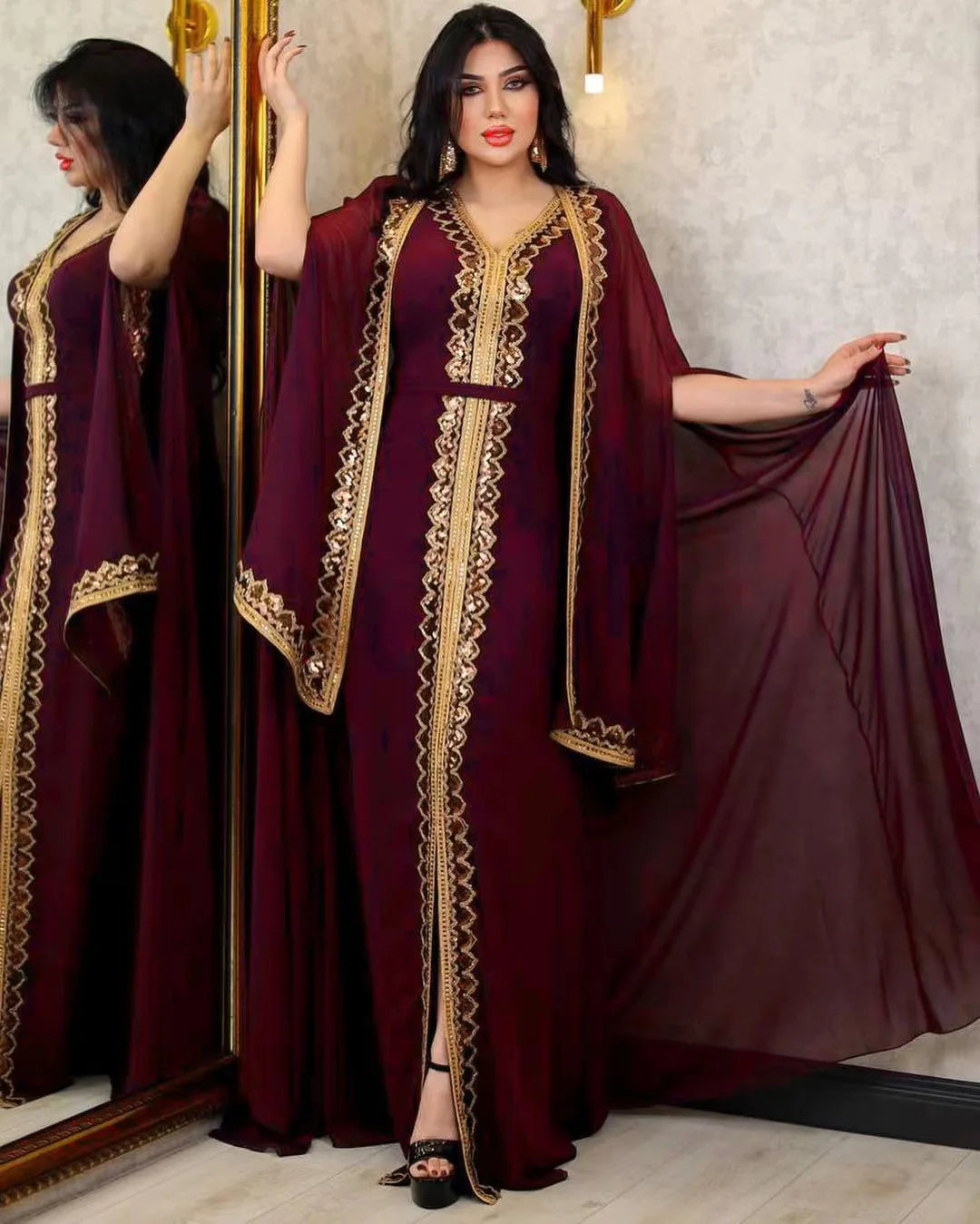 Elegant Muslim Abaya for Women Dress 2 Piece Set Chiffon Cloak Caftan Indian Party Dresses Sequins Kinono Robe Vestidos Abayas.