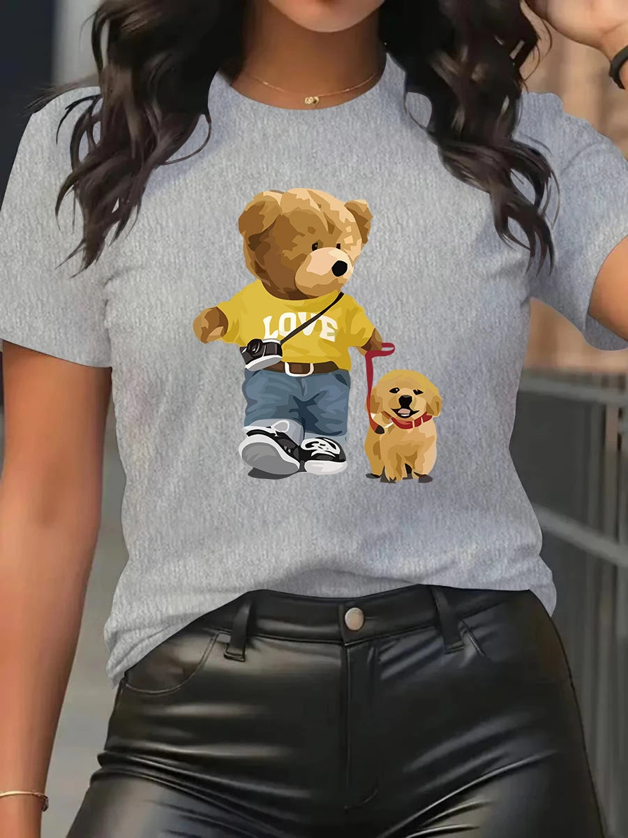 Summer and Spring Women's Short sleeved Round Neck Casual Top T-shirt with Teddy Bear Pattern.