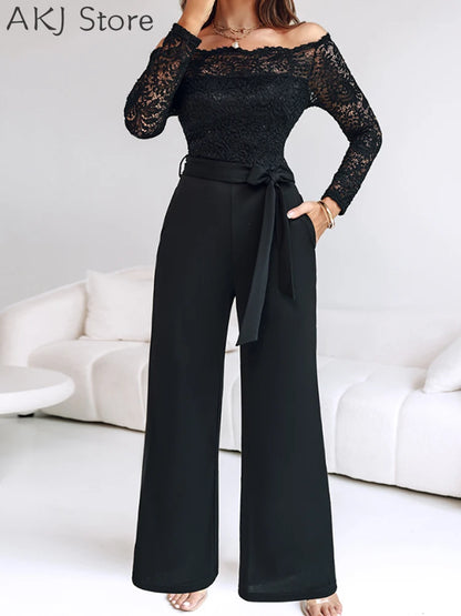 Off Shoulder Long Sleeve Eyelash Lace Spliced Slim Fit Overalls Casual Zipper Back Jumpsuit with Belt.