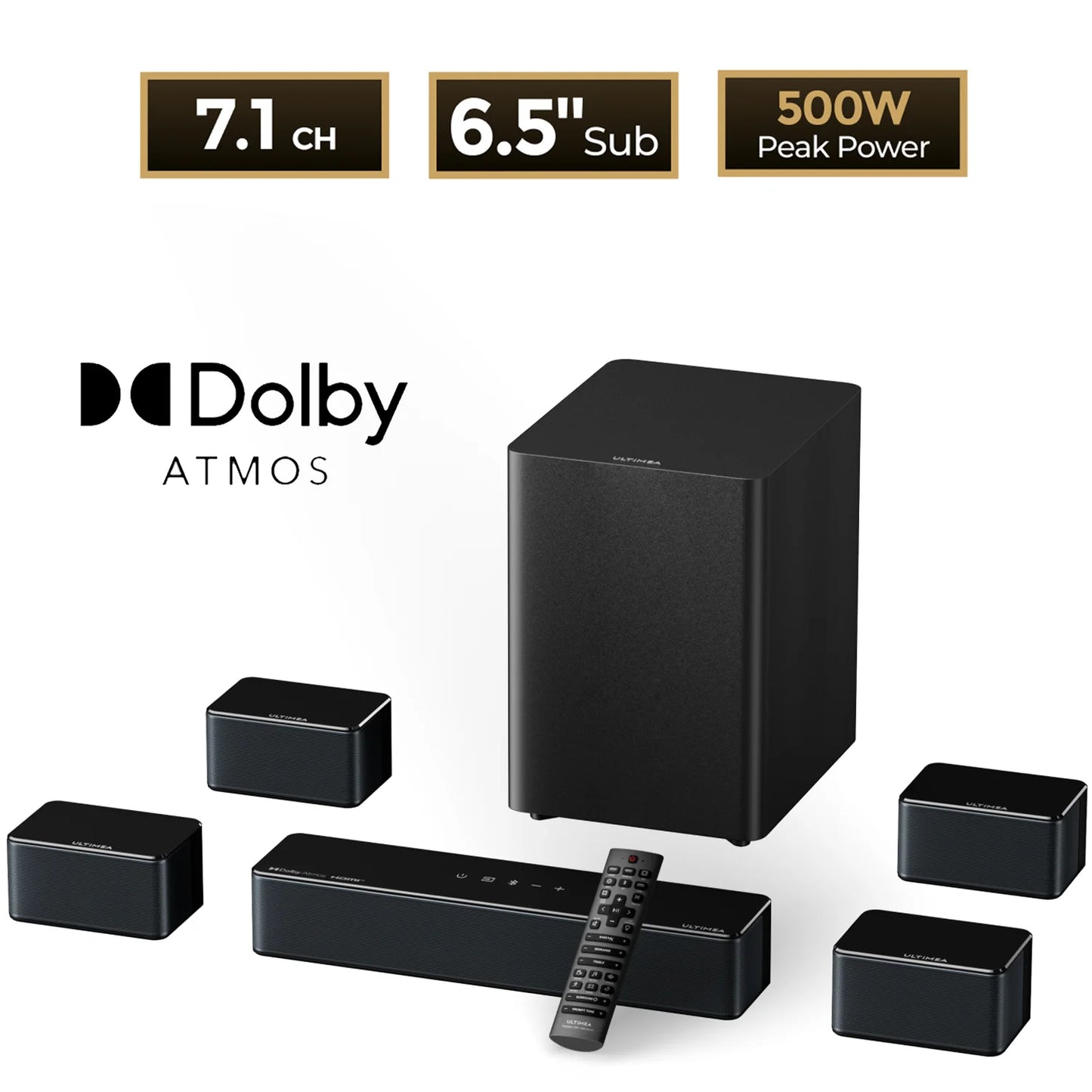 ULTIMEA 7.1Ch Soundbar with Dolby Atmos, APP Control, Surround Sound System for TV, 4 Wired Surround Speakers, Sound Bar for TV