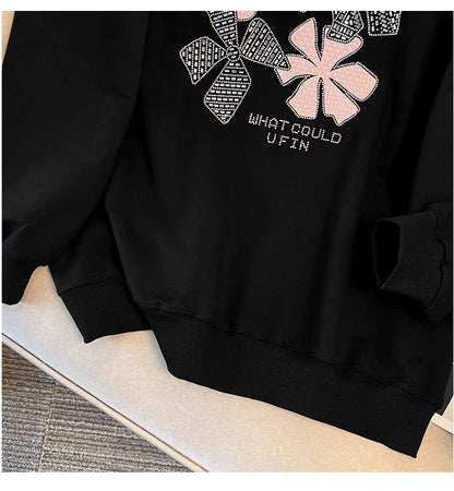 170 kg Plus Size Damen-Büste 170 Frühling Herbst Loose Diamond Collared Sweatshirt Schwarz 4XL 5XL 6XL 7XL 8XL 9XL