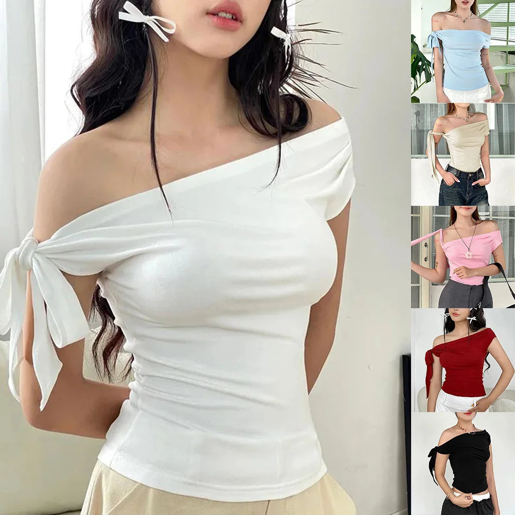 Vacation Styles One-Shoulder Cropped Top Womens Slim Fit Women One Shoulder Top Applicable For Vacation Solid Color Pattern.