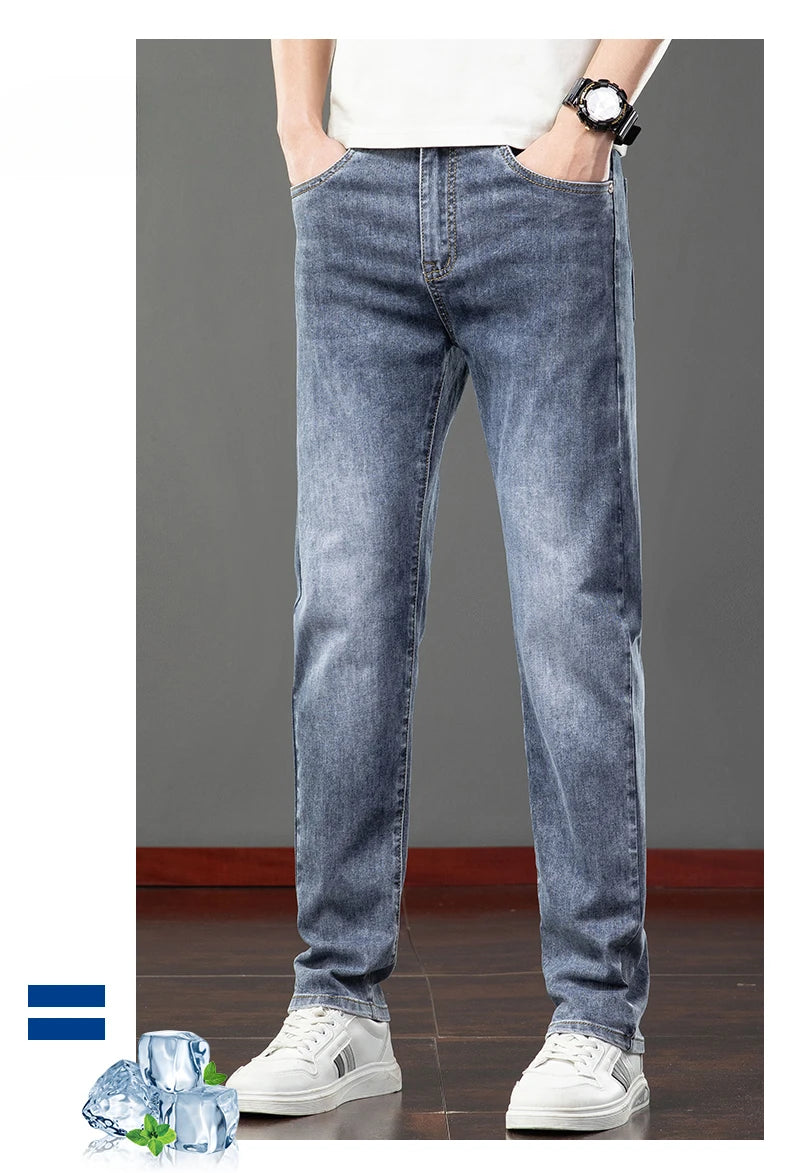 Spring Summer Thin Slim Fit Jeans Mens Elastic Straight Casual Business Denim Pants Washed Classic Brand Clothing Men Trousers.