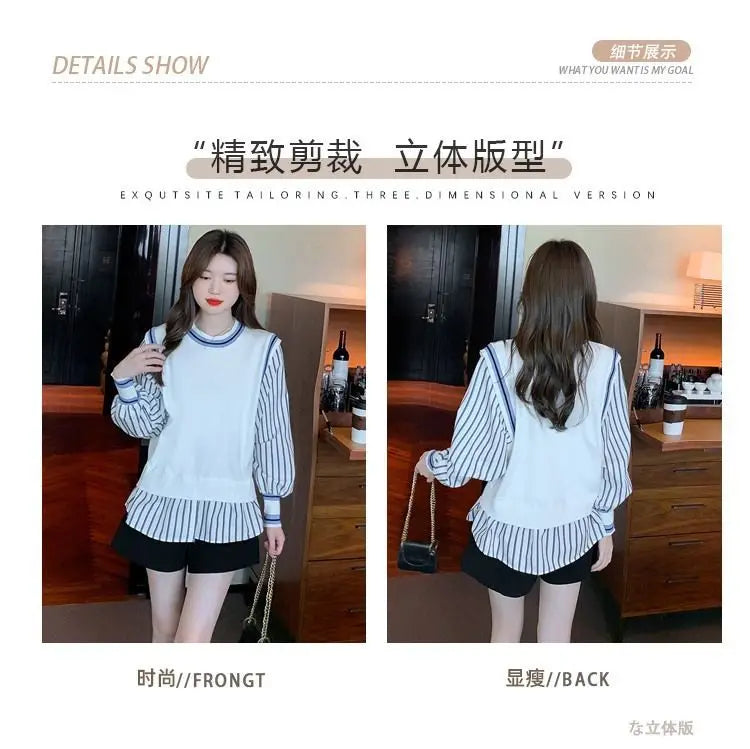 Autumn Preppy Style Patchwork O-neck Fake Two Pieces Top Tee Female Casual Striped Long Sleeve Sweatshirts Women Clothes Tshirt.