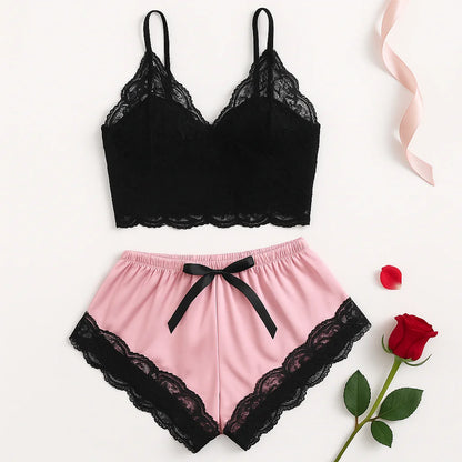 2-teiliges sexy Spitzen-Pyjama-Set für Damen, durchsichtiges Bralette, Cami-Top und Shorts, atmungsaktive Nachtwäsche, Sommer-Dessous in Übergröße.