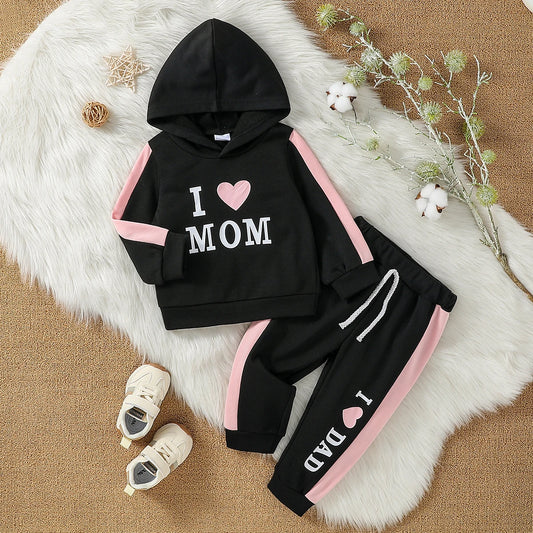 2-Piece Set Baby Girl Fall Casual Black Printed Letter &Heart Pure Color Long-Sleeved Hooded Sweatshirt &Pants Suit Clothes.