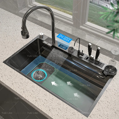 Küchenspüle, Wasserfallspüle aus Edelstahl, Digitalanzeige, große Einzelschüssel mit Multifunktions-Wasserfall-Wasserhahn, Waschbecken