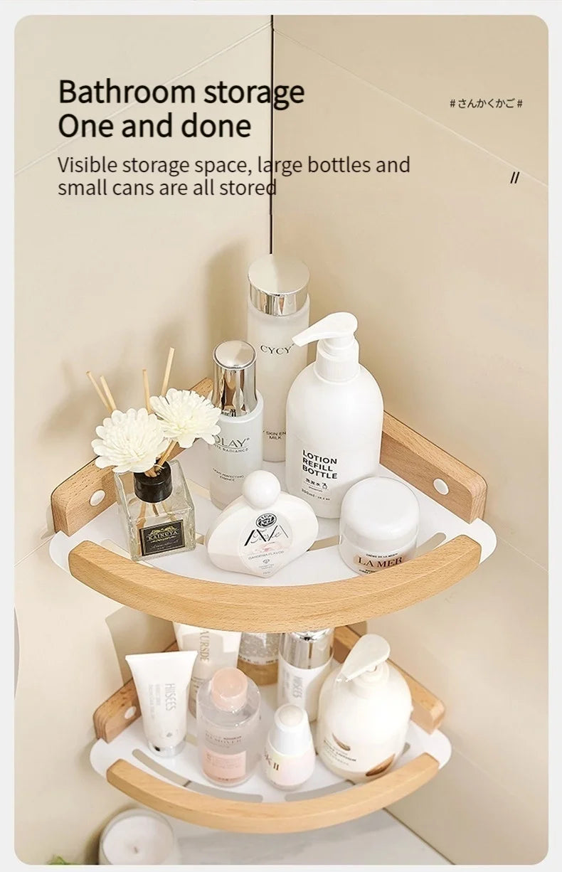 Badezimmer-Aufbewahrungsregal aus Holz und Aluminium, Aufbewahrungsregal für Badezimmer, perforationsfrei, Wandbehang, Waschtisch, WC, dreieckiges Eckregal