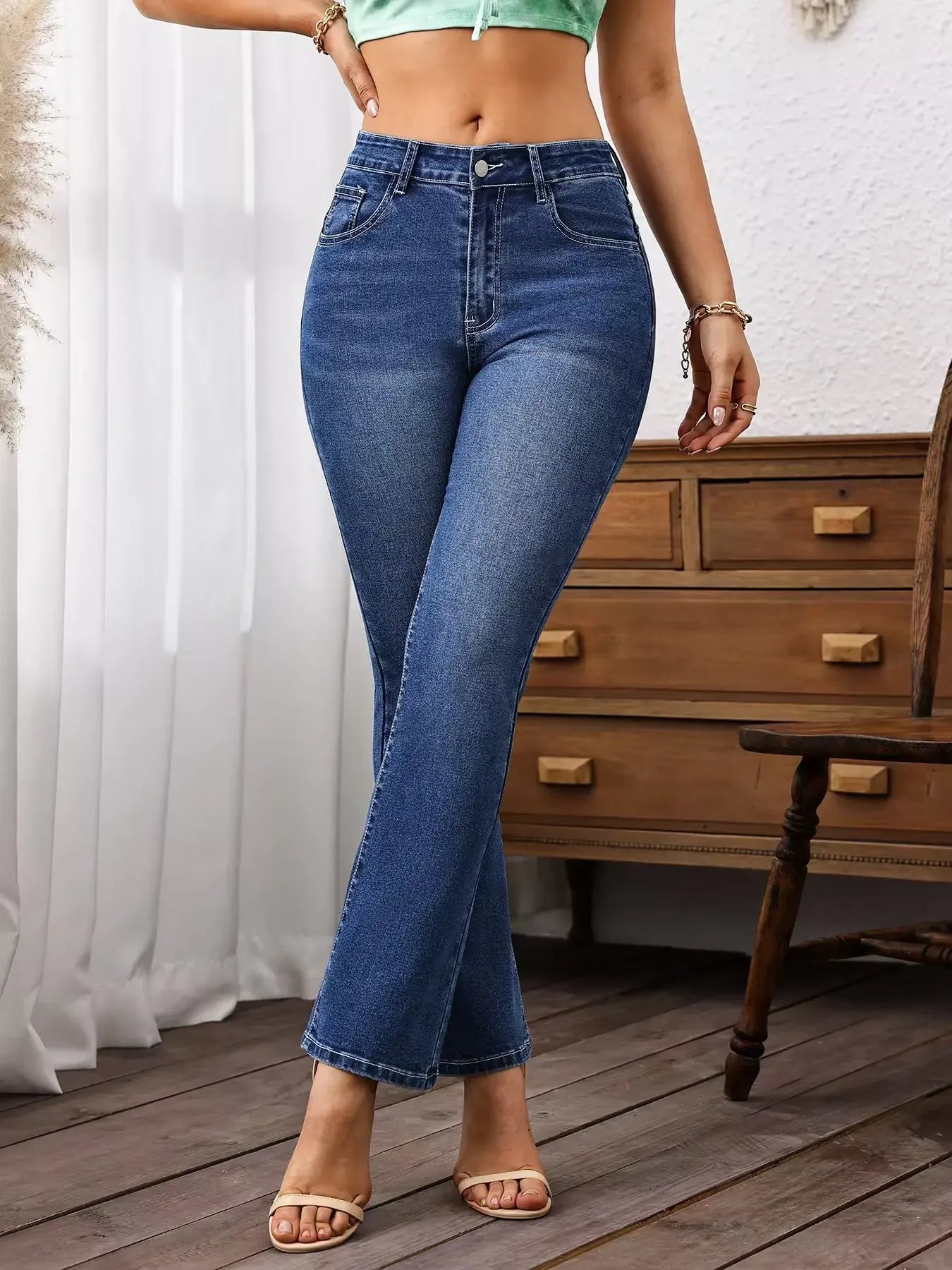 Classic Retro Style Solid Color Denim Pants Elastic Slimming Flared Long Trousers High Waist Jeans Women's Fashion Decorative Bu.