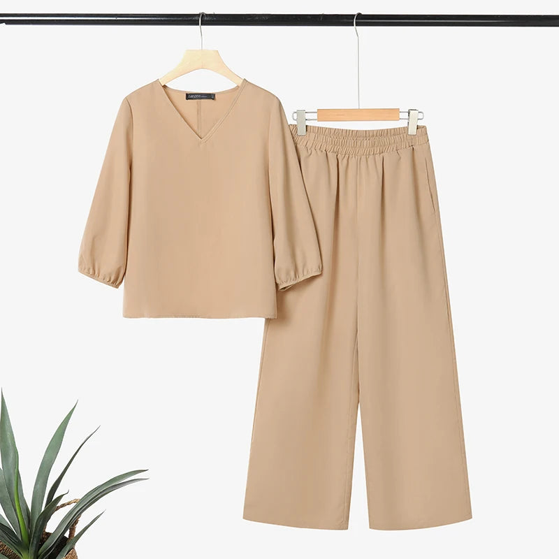 ZANZEA Autumn 2 Piece Sets Women Pant Sets Casual V Neck Long Sleeve Tops Pant Suit Elegant Solid Work Tracksuit Oversize 2025