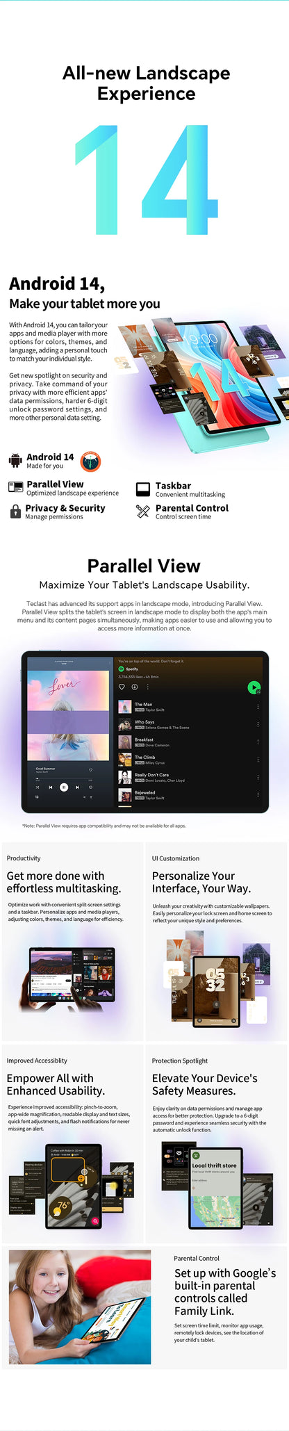 Odea A10 Tablet 10.1" IPS Android 14 T606 Octa-core Max 12GB(4GB+8GB) RAM 128GB ROM Type-C Widevine L1 Earphone Jack Face Unlock.