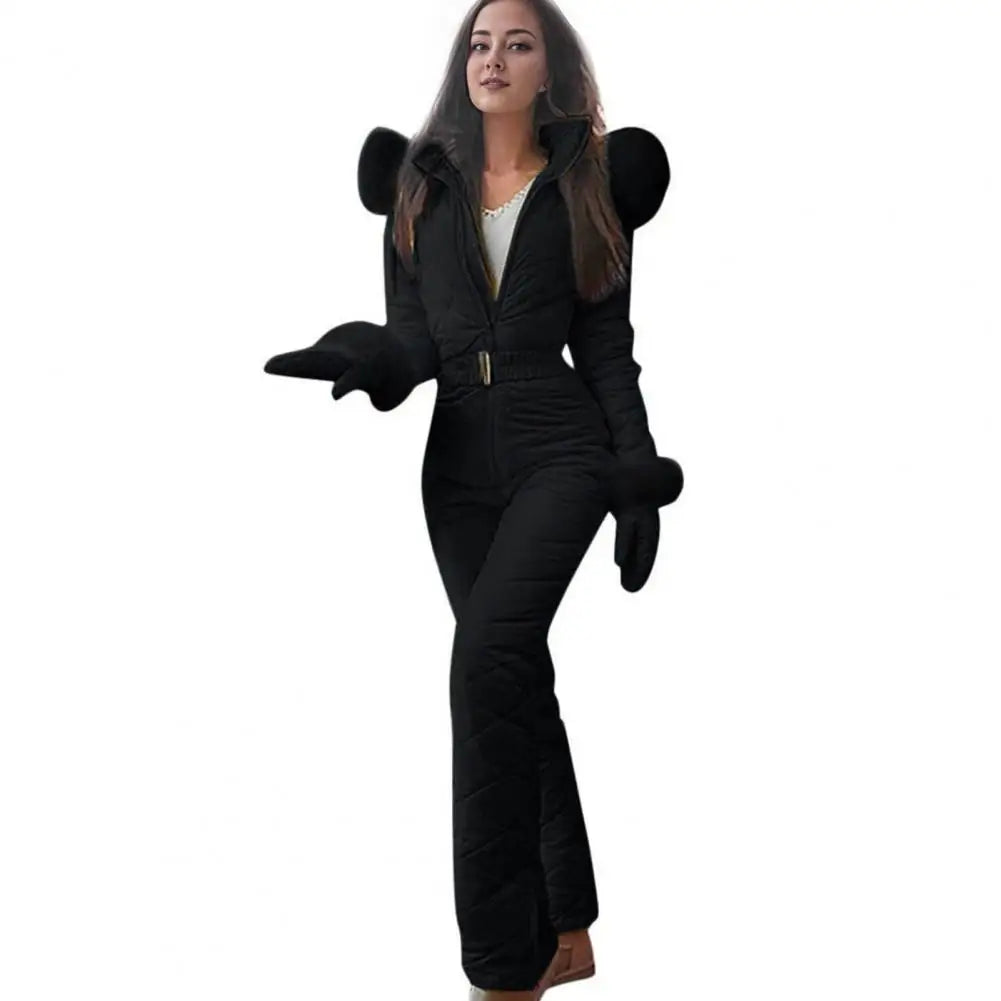 2025 Women Ski Jumpsuit Warm Snowsuit Winter Women's Snowsuit with Gloves Hood Windproof Ski Outfit with Elastic Waist Zipper fo.