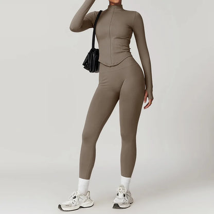 Ctenkevet Women Slim High Neck Jacket Sports Suit Female Two Piece Yoga Clothes Sport Outfit For Woman Buttock Lift Sports Suit
