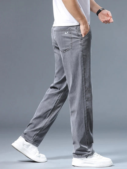 Summer Thin Men's Loose Straight Jeans Lyocell Soft Drape Business Casual Trousers Classic Smoke Gray Brand Ice Silk Pants.