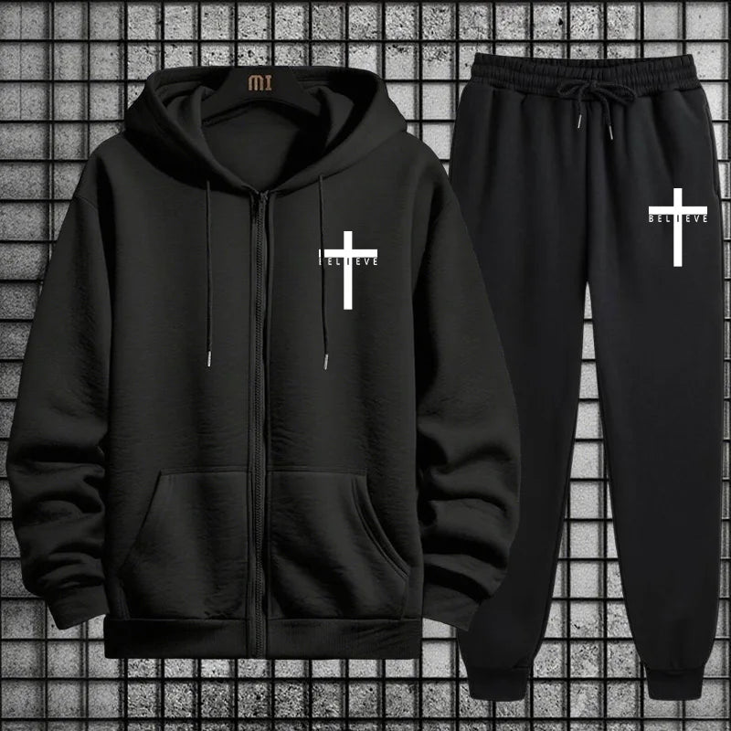Cross of Christ Mens Hip Hop Tracksuit Set 2025 New 2 Piece Outfit Zipper Hoodie Joggers Urban Streetwear Autumn Winter Fashion.