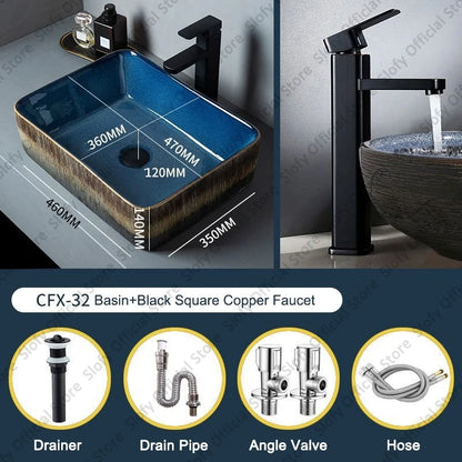 Vintage Elegant Countertop Washbasin Classic Blue Art Hotel Ceramic Basins Sink Multiple Styles Outdoor Balcony Bathroom Sinks