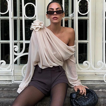 WhereMery Sexy Irregular Oblique-neck Flower Applique T Shirt Summer Off Shoulder Fashion Long Sleeve Crop Tops Street Mesh Tees.