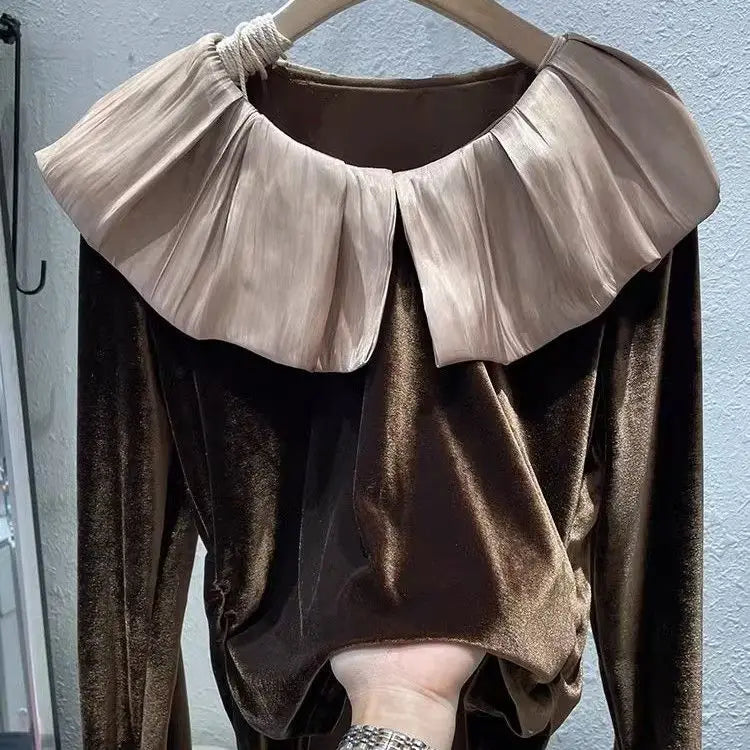 Autumn Korean Patchwork Solid Color Peter Pan Collar T-Shirts Female Temperament Ruffles T-Shirts Women Clothing All-match Tops.