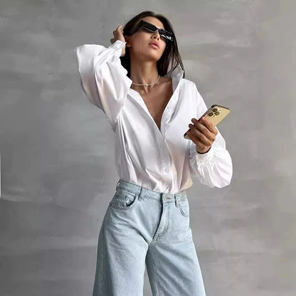 Women's Lantern Sleeve Oversized Blouse 2025 New Casual Loose Streetwear Black White Shirt Woman Vintage All-Match Basic Blusas.