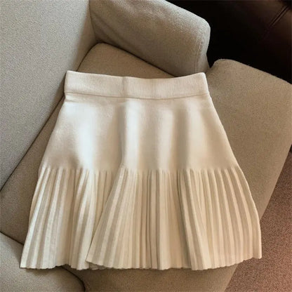 Pleated Mini Skirts Korean Sweet Knitted Skirts Sweet Elastic Waist Ladies Casual Youthful For Women's Clothes Solid Fashion New.